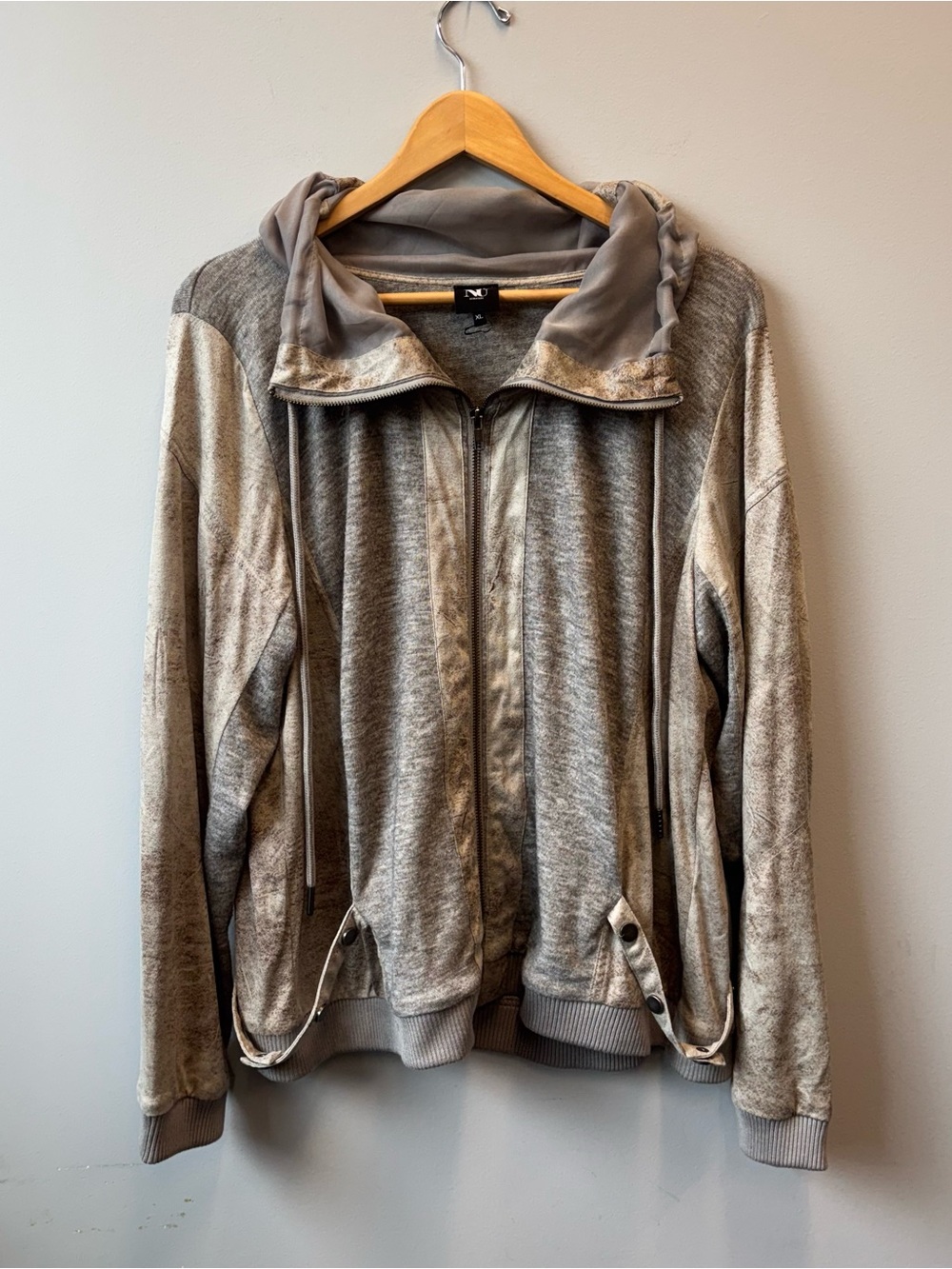 NU Denmark Zip Up jacket Gray Tan Buckle detail XL